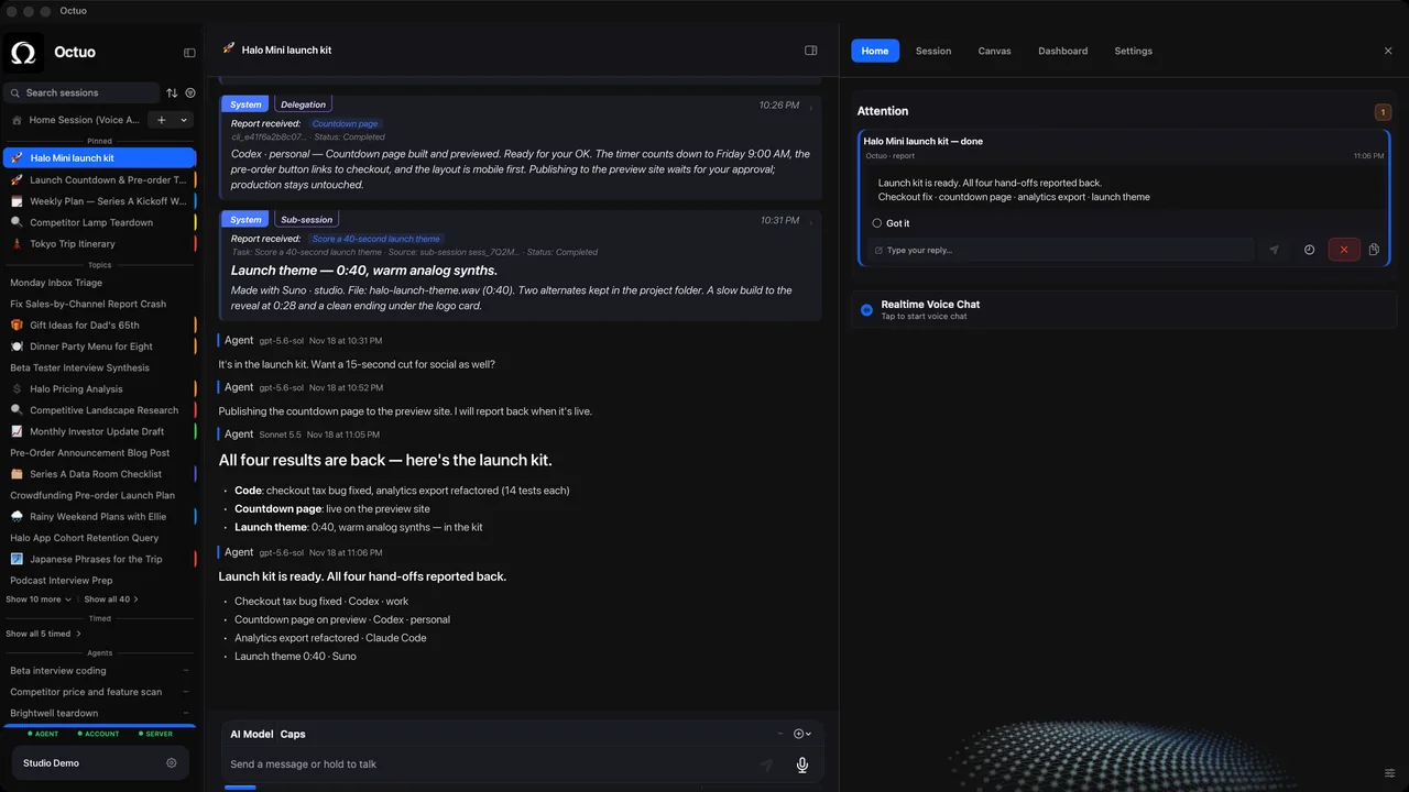 Octuo for Mac: the Attention list with finished jobs and pending decisions