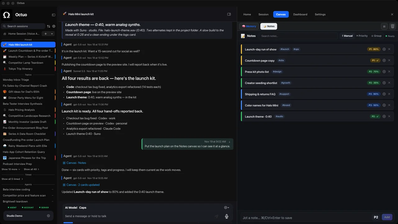 Octuo for Mac: a Canvas board with notes and a checklist