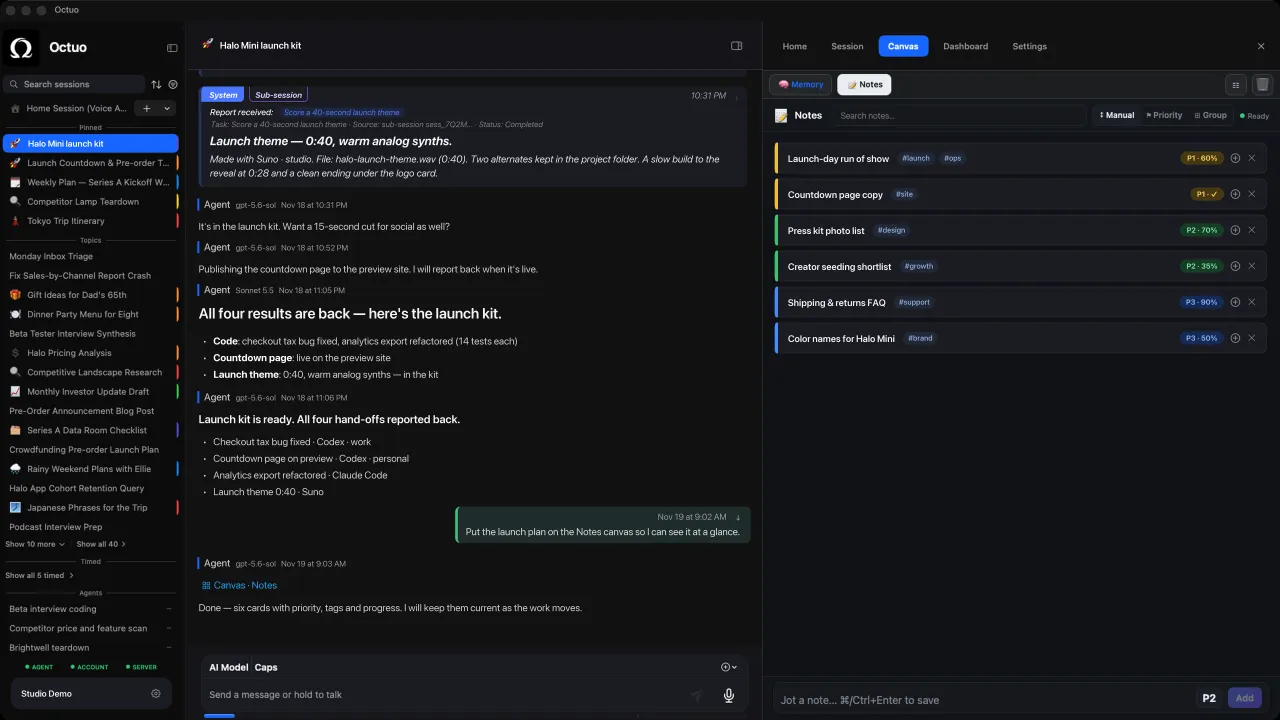 Octuo for Mac: a Canvas notes board with plans and a checklist