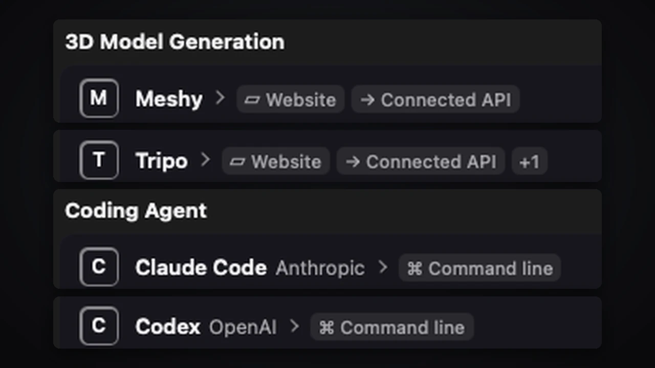 Octuo para Mac: a lista External Solutions com Claude Code, Codex, Meshy e Tripo