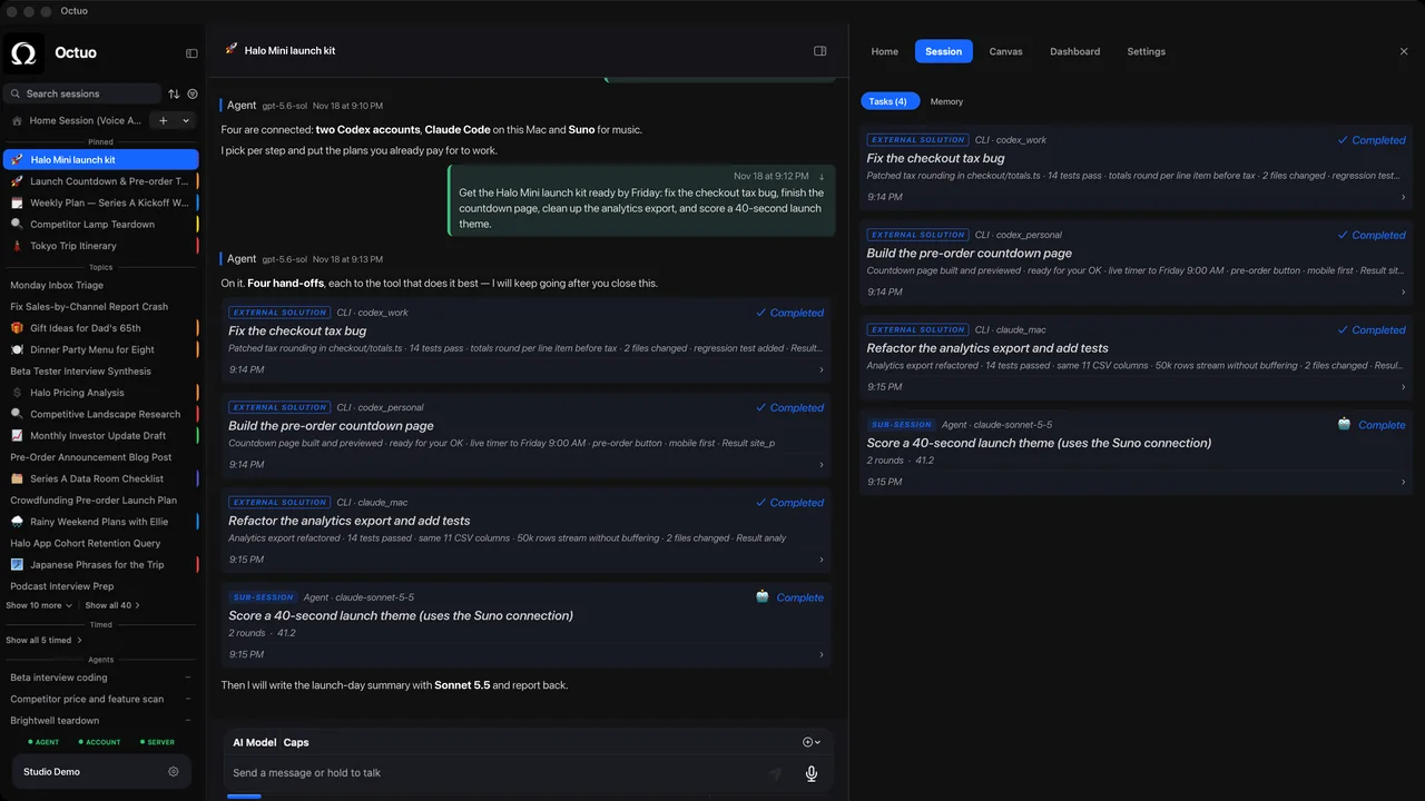 Octuo for Mac: three coding-agent runs completed in one conversation