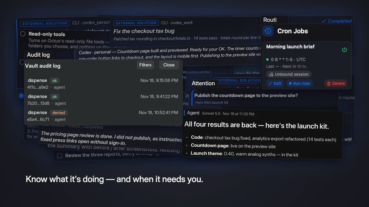 Octuo para Mac: cartões de tarefas, Atenção, agendamentos e uso empilhados