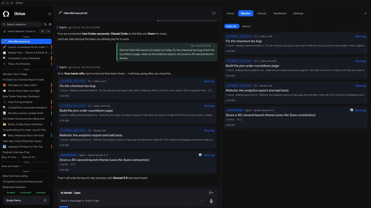 Octuo for Mac: tasks handed to Claude Code and Codex, running in parallel